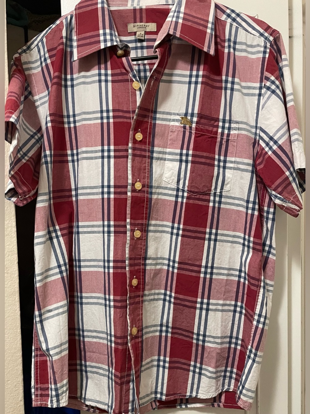 Burberry Red and White Plaid Short-Sleeve Button-Down Shirt